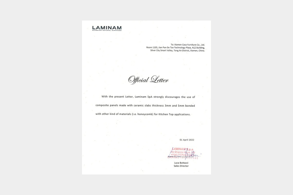Laminam聲明：強烈反對使用薄板做在廚房檯面!
